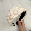 Braided cream satin wide headband with rhinestone accents and soft texture - 4.5CM Wide Beige Solid