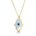 Goldene Hamsa-Hand-Halskette mit weißem Perlmutt und blauem Teufelsauge-Anhänger - Hamsa-Hand (KN229038-K) / Gold