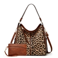 Detail view of leopard print tote bag with brown leather accents and small matching clutch - Two-Piece Set / Leopard Brown