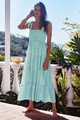 Detail of mint green plaid tiered dress with smocked bodice and adjustable bow straps - Light Green