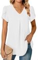 Detail of white V-neck shirt featuring petal sleeves and pleated front texture - S / White