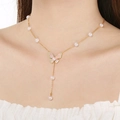 Collana a Y chic in acciaio inossidabile con farfalla in smalto rosa e perle bianche - Stile Ciondolo Farfalla in Smalto e Perla (KN293083-SXSJ)