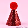 Red sequin birthday hat for pets with red pom-pom and elastic strap 8x12cm - Sequin Birthday Hat / Red