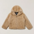 Faux fur hooded jacket in camel brown featuring a cross zipper puller and oversized fit - S / Sand