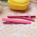 Set of two pink 6cm metal duckbill hair clips on white lace with a yellow tulip - Rose Red