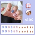 Short red and blue checkered press-on nails set with graffiti patterns and brown accents - A3202 (Glue Style)