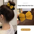 Ginger yellow knitted bow hair claw clip for women with retro textured yarn material - Ginger Yellow