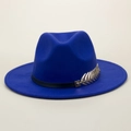 Royal blue wool fedora hat with black band and gold metal leaf accessory for men and women - M(56-58cm) / Blue