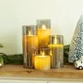 Set of four grey glass LED pillar candles with warm flickering flame for Christmas decor - Grey Glass Candle Set of 4 / AAA Batteries Required (Not Included)