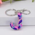 Resin letter J keychain with colorful stone inlay and silver metal lobster clasp - Letter J