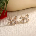 Golden bow stud earrings with white pearls and small diamonds for Christmas gift - Pearl Rhinestone Bow (EAR0021)
