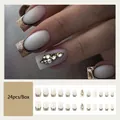 French tip press-on nails with gold glitter, rhinestones, and milky white base 24pcs - Glue Type / DZ268 Milky White with Gold Glitter