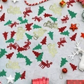 Flat lay of red reindeer and green tree confetti with gold Merry Christmas sequins - Red Green Tree + Cardboard Reindeer + Gold Card Merry Christmas (ai-100 Pcs/Pack)