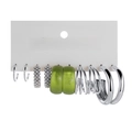Set of 6 assorted silver-finish metal hoops, pearl studs, and translucent green resin earrings - Silver 6-Pair Set - Pearl Resin Mixed Hoops