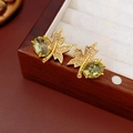 Vintage maple leaf stud earrings in gold with green zircon stones and white crystals - Silver Earring Post Zirconia Maple Leaf Oval Studs