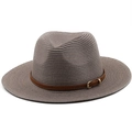 Detailed view of dark gray straw hat featuring a brown leather strap and gold metal buckle - M (56-58cm) / Dusty Rose