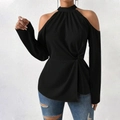 Elegant black cold shoulder long sleeve top with halter hood and waist twist detail - S / Black