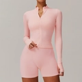 Ensemble de yoga rose 2 pièces avec veste zippée à manches longues et short sans couture - XL / Rose Pêche
