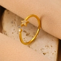 Adjustable gold star ring with micro-pave zircons and round diamond accent - Gold Zirconia Star Open Ring (A-1449)