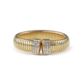 Golden Tubis ribbed cuff bracelet with sparkling white crystal rectangular accents - B2295