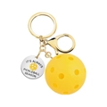Yellow pickleball keychain with golden lobster clasp and engraved metal charm pendant - IT'S ALWAYS PICKLEBALL SEASON (Round Tag)