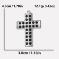 Détails du pendentif croix en acier 304 avec cristaux noirs et mesures indiquées - Couleur Acier / Base Argent Pierre Noire