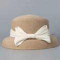 Close-up of fine straw weave texture and white chiffon bow on summer sun hat - M (56-58cm) / Khaki