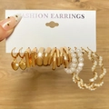 5-pair gold geometric earrings set with pearls, hearts and hoops on display card - 6 Pairs Set-Gold Heart Pearl Geometric