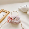 Pink tweed mini handbag for girls with pearl handle and golden chain strap - Pink Plaid