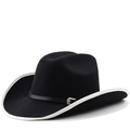 Zwarte vilten cowboyhoed met witte rand en leren band met vintage zilveren gesp detail - M (56-58 cm) Verstelbaar / Zwart (Zwart met witte rand)