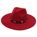 Detail of red fedora hat with black leather belt and geometric silver metal studs - Adult (57-62cm) / Burgundy