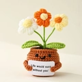 Detail of crochet potted plant with flowers and Life would succ without you sign - Positive Potted-Puff Flower Yellow