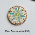 Handcrafted 10cm rattan coaster with blue and green shell flower inlay and white center - Blue Green Leaf 10CM