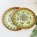 Handcrafted rattan shell trays with green leaf patterns in a two-piece storage set - Black Coin Green Leaves / 2-Piece Set