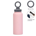 Pink matte stainless steel sports bottle with magnetic phone mount ring handle - 1 L / Dark Grey + Light Pink
