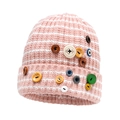 Bonnet en tricot à rayures roses et blanches avec boutons décoratifs pour femme - Rose (Rayé Rose et Blanc)