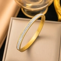 Detail showing gold titanium steel bracelet with double-row shimmering zircon stones - 【z4840】double Row Round Diamond Bangle Gold