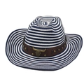 Detailed view of blue striped straw hat with leather band and vintage metal bull head - Navy White With Windproof Rope (Bull Head)