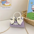 Mini purple houndstooth girls bag with beige lace bow, camellia flower and pearl handle - Purple Bowknot