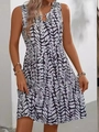 Sleeveless boho dress with black and white abstract print and metal ring detail at neckline - S / Black