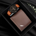 Herren Business Geschenkset mit klassischer Quarzuhr und brauner Leder Geldbörse. - Geschenkset mit rosébrauner Geldbörse