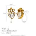 Pendientes de clip corazón corona en acero inoxidable con circonitas y baño de oro 18K - Pendientes de Botón de Mini Corona de Circonita - Dorado - Clip de Oreja