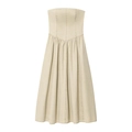 Elegante vestido midi de palabra de honor beige con cintura alta y falda plisada - XS / Caqui