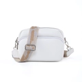 Minimalist white crossbody camera bag with dual zippers and wide patterned strap - White