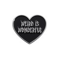 Black heart enamel pin with Weird Is Wonderful silver lettering for backpack decor - Black Silver Melted Font Style (QHXZ2908)