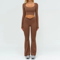 Set da yoga color caffè scuro da donna con top a maniche lunghe e pantaloni a zampa - Taglia S / Top E Pantaloni / Manica Lunga + Pantaloni a Zampa / Caffè