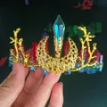 Handmade golden crystal crown headband featuring red and blue gradient natural quartz stones - Red & Blue Crystal + Gold Branches Large Moon Flat Style