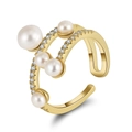 Eleganter vergoldeter S925 Silberring, mehrschichtig mit Süßwasserperlen und Zirkonia - Gold Mehrlagiger Perlen-Strass-Offener Stil (GPR18-14K)