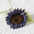 Artificial deep purple sunflower stem with silk petals and realistic green leaf detail - New Style Sunflower (Dark Blue)