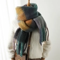 Close-up of winter rainbow plaid scarf with colorful fringes and soft textured knit - Orange Green Purple Grey Colorblock (WJ137-27)